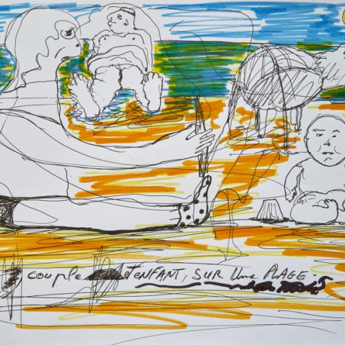 N° 467 - Chien, couple et enfant, sur une plage - 1999 (21x28,7 cm)