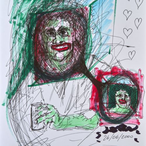 N° 621 - Souvenir d’un coup de foudre, dans café - 2000 (21x29,7 cm)