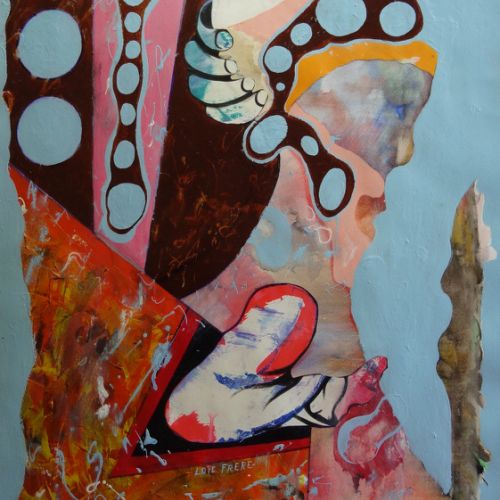 N° 319 - Jean paul 2 avec fidèle (1999) Acryl et collage sur papier (50x65 cm).